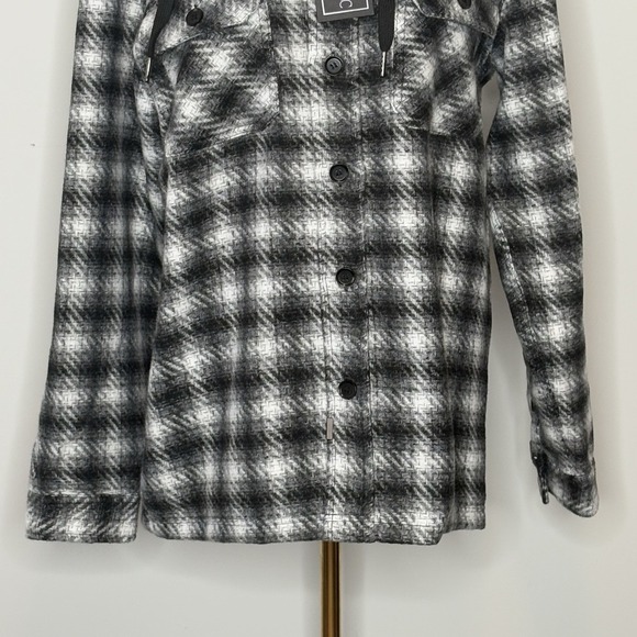BLANKNYC Hooded Shirt Jacket Small Black White Plaid Flannel Button Front - Picture 3 of 12